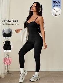 SHEIN PETITE Tuta aderente casual da donna con spalline sottili, tinta unita - nero - Visualizzare 4
