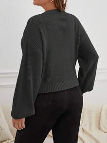 SHEIN Essnce 大码休闲纯色灯笼袖短款开衫 - 深灰色 - 查看 2