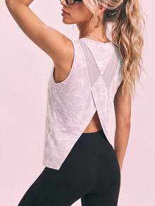 SHEIN Sovereign Charm 女款運動瑜伽戶外健身無袖寬版背心上衣 X交叉網眼露背設計 倒V下擺 - 粉色 - 查看 1