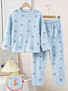 Girls 2pcs Set Round Neck Long Sleeve Long Pants Light Blue Fleece Bow Polka Dot Pattern Simple Cute Casual Soft Sweet Indoor Pajamas Autumn Home - Baby Blue - View 5