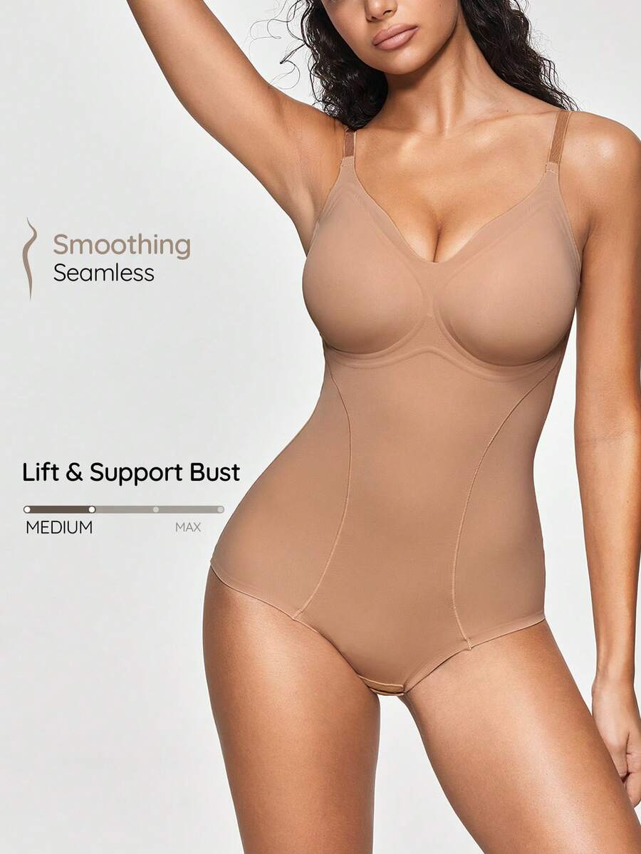 SHAPORA 1pc Women's Simple Comfortable Cup Style Bodysuit Shapewear - Apricot - View 1