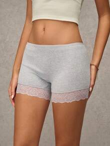 Esseday Grey High Elastic Lace Patchwork Casual Daily Minimalist Comfortable Women's Safety Shorts - Light Grey - View 3