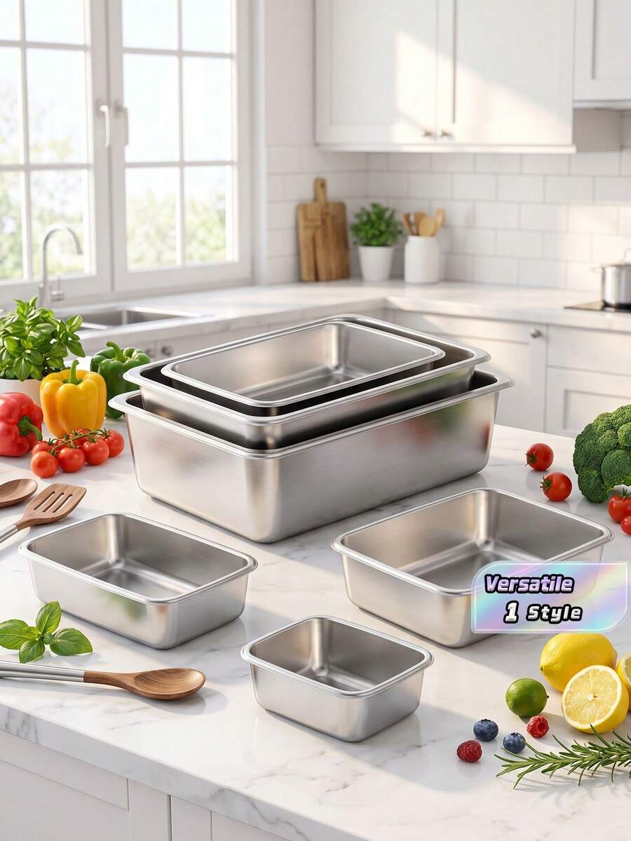 Buy 3 Get 2 Free, 5pcs Stainless Steel Food Storage Containers - Includes Free Lids, Baking Trays, Reusable For Picnics, Meal Prep, Fridge Storage And Kitchen Essentials | Easy To Clean, Stackable
