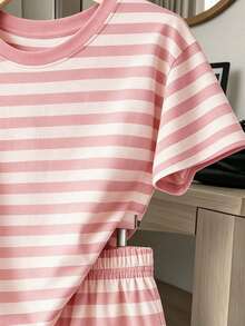 Tween Girl 休閒簡約條紋短袖上衣與短褲 2 件套，適合 S 號 - 白色 - 查看 4