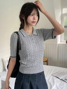 DAZY 女款拼色條紋復古扭繩針織修身短袖 Polo 領休閒度假優雅春秋套頭針織上衣 - 灰色 - 查看 2