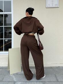 DAZY Women's Fashion Versatile Zipper Long Sleeve Shirt And Pocket Pants 2 Pieces Set Lounge Sets For Women - Brown - View 2