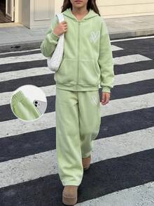 青少年女孩秋冬可愛休閒極簡風綠色愛心印花寬鬆連帽衛衣＋長褲針織套裝 - 綠色 - 查看 7