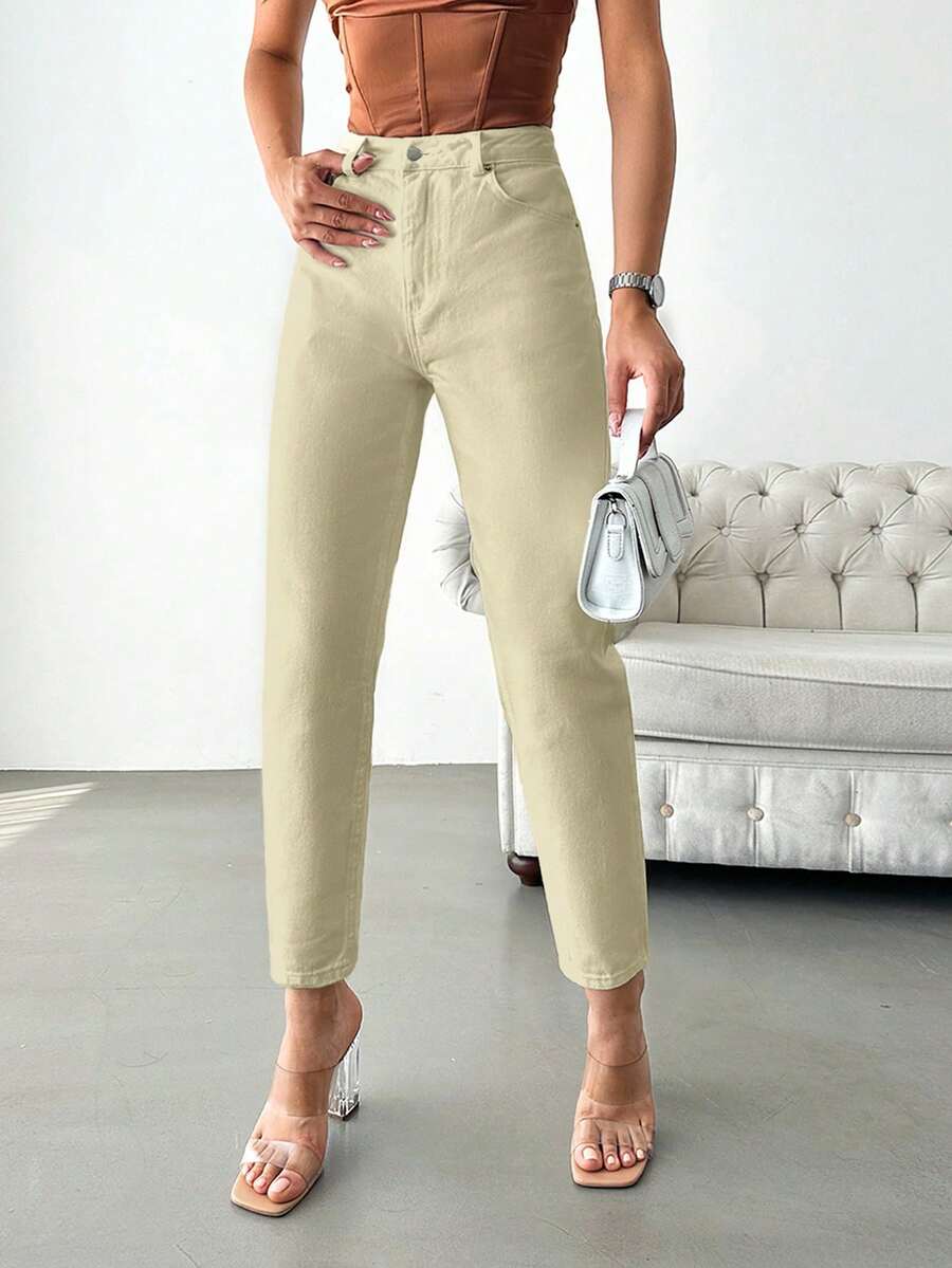 EURMUSE Solid Cropped Mom Fit Jeans - Beige - View 1