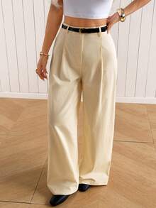 SHEIN EZwear 女款純色百褶休閒百搭寬腿褲，適合日常穿著 - 卡其色 - 查看 4