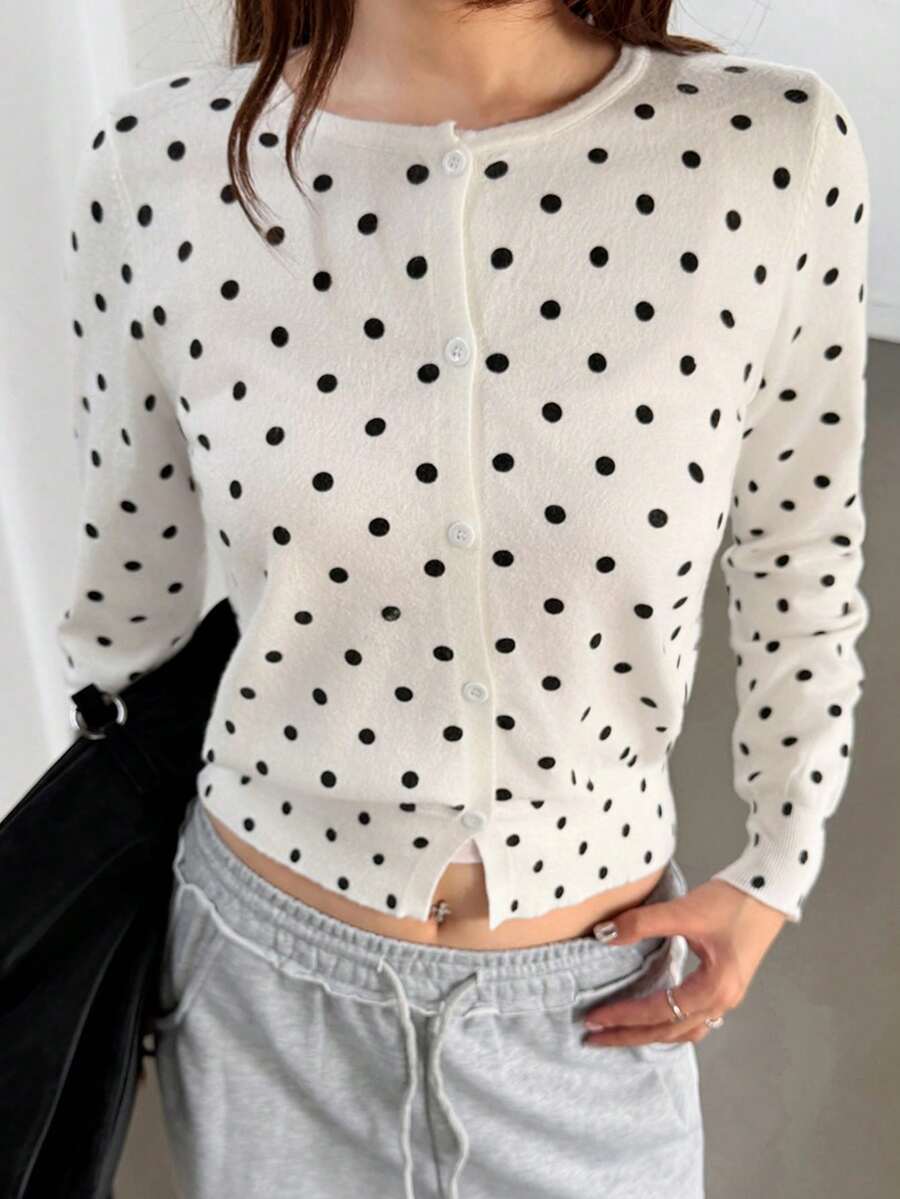 K-Vae Women's Polka Dot Casual Frenchy Elegant French Vintage Cute Versatile Daily Wear Office Brunch School Cardigan Date Holiday White And Black Autumn - Beige - View 1