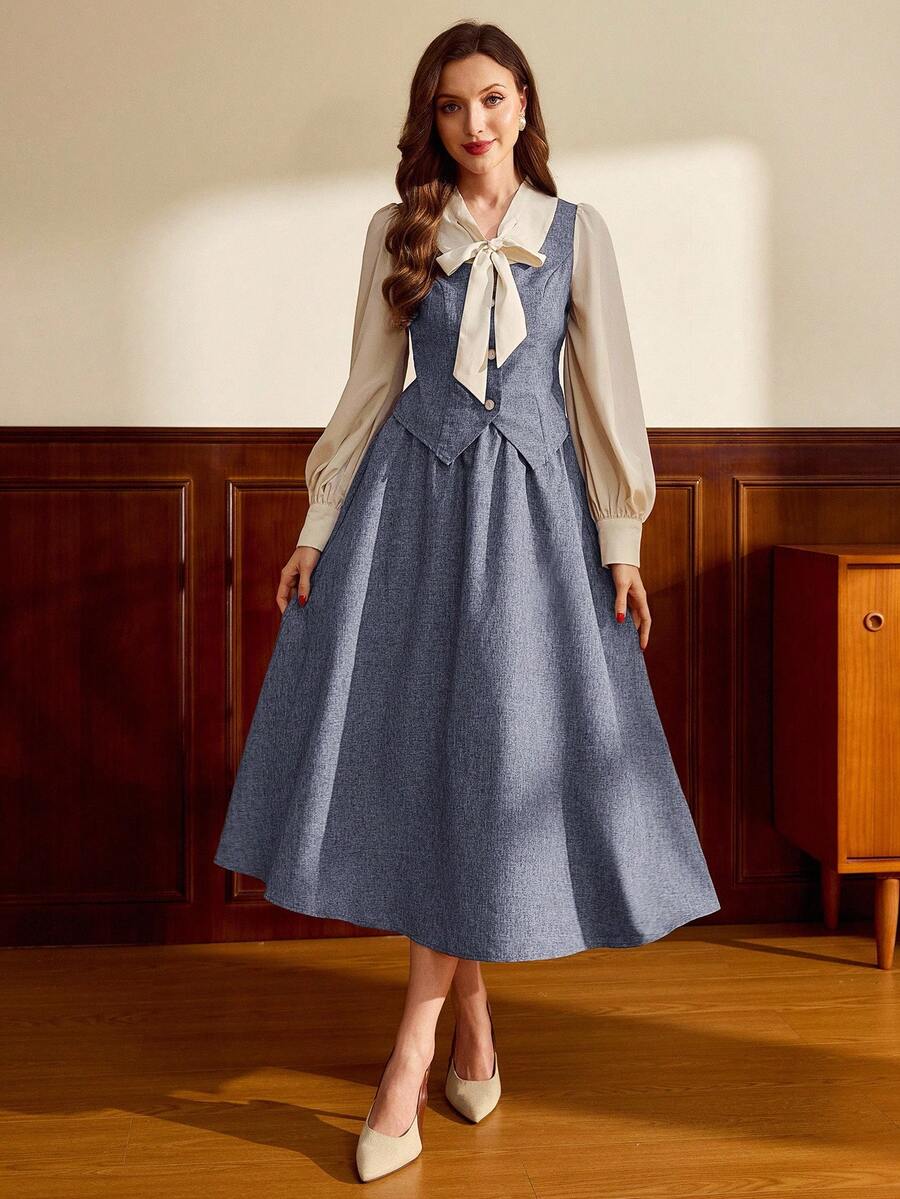 Vintamour Vintage Classic Elegant Preppy Women's 2 In 1 Set, Autumn/Winter, Flutter Collar, 2 In 1, Long Sleeve, Coffee Brown