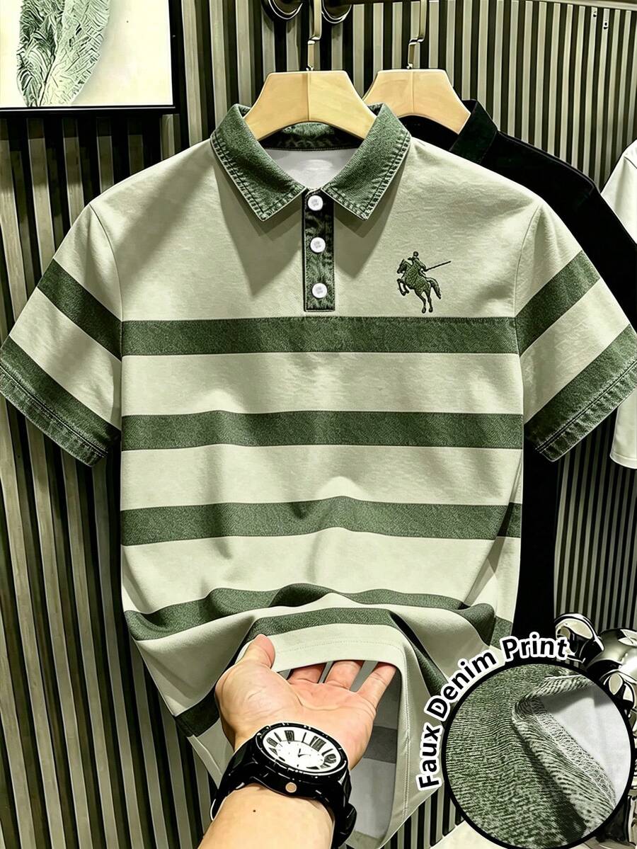 Manfinity Hypemode 復古丹寧風藍白對比條紋短袖 Polo 衫,附馬標印花,藝術感短袖上衣,男女款圖案 T 恤,適合夏季日常休閒外出,百搭百搭上衣 - 彩色 - 查看 1