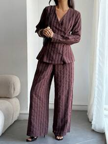 DAZY Women's V-Neck Brown Stripe Waist-Cinching Blouse And Loose Straight-Leg Pants Business Casual 2 Pieces Set Autumn Office Brunch - Burgundy - View 5