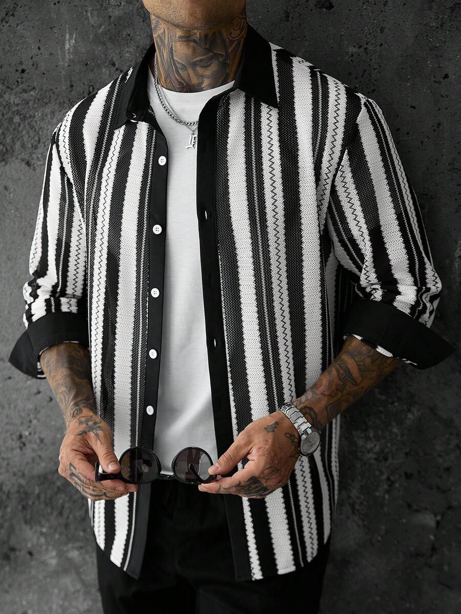 SLATEMANN Men's Mature Casual Mesh Patchwork Shirt - Black and White - View 1