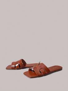 Styleloop Sandalias retro tejidas de punta cuadrada, suela plana, zapatillas de exterior, zapatos versátiles para mujer para uso diario, desplazamientos y vacaciones - Marrón claro - Ver 6