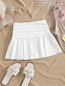 SHEIN Tween Girl Solid Color Fitted Casual Ruched Knit Skirt - White - View 1
