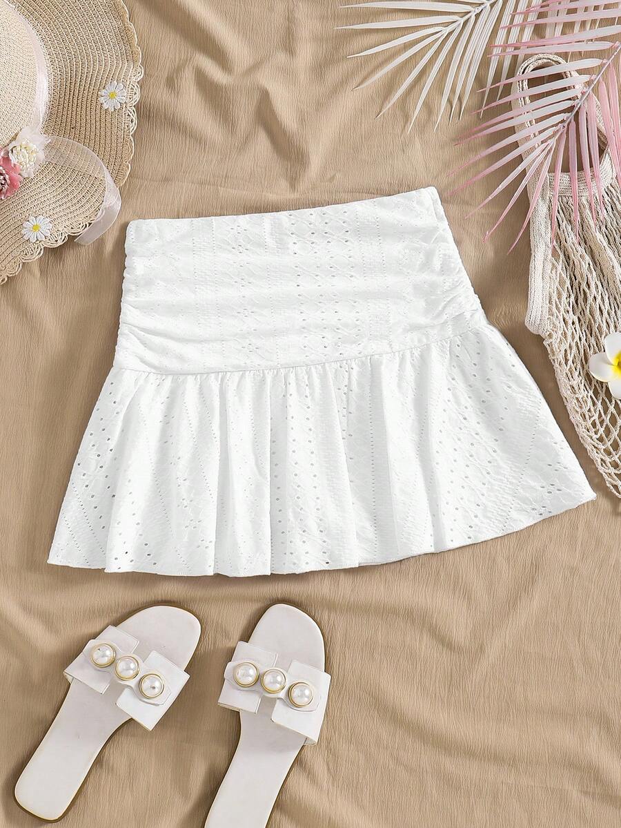 SHEIN Tween Girl Solid Color Fitted Casual Ruched Knit Skirt - White - View 1