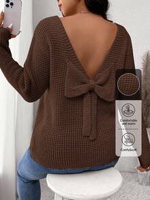 SHEIN Frenchy Plus Size Casual Solid Color Bow Decor Sweater, Autumn/Winter Fall - Brown - View 6