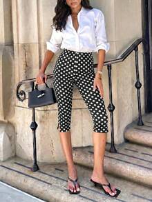 Lavishia Damen-Mode Polka-Dot Slim-Fit Mid-Length Hose mit Seitenschlitz, schmeichelhafte vielseitige Streetwear - Schwarz - Übersicht 5