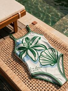 CAJUNI One-Piece Swimsuit With A Straight Neckline And Open Back, Elegant Tropical Design, Maxi Floral Print. - Green - View 3