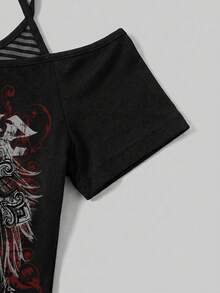 Attitoon 休閒搖滾街頭風極簡圖案女款 2 合 1 T-shirt，黑色與紅色，適合萬聖節之夜、演唱會、夏季穿著 - 彩色 - 查看 5