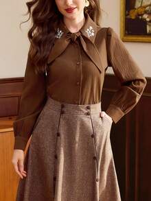 Vintamour Vintage Elegant Women's Blouse With Ditsy Floral, Embroidery, Bow Tie, Turn-Down Collar, Buttons, Casual Commute Holiday Festival Top - Brown - View 5