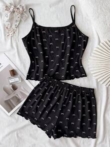 SHEIN 青少年女孩針織蝴蝶結圖案吊帶背心與短褲家居服套裝 - 黑色 - 查看 5
