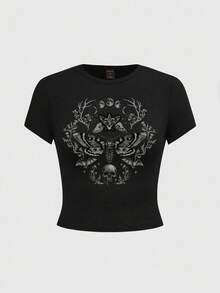 ROMWE Goth 暗黑哥德風月亮太陽星星蛾子森林植物圖案印花黑色女款短袖T恤 - 黑色 - 查看 1