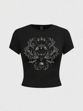 Dark Gothic Moon Sun Stars Moth Forest Plant Pattern Print Black Short Sleeve Women's T-Shirt