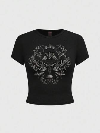 Dunkles Gothic Mond Sonne Sterne Motte Wald Pflanzen Muster Muster Schwarz Kurzarm Damen T-Shirt