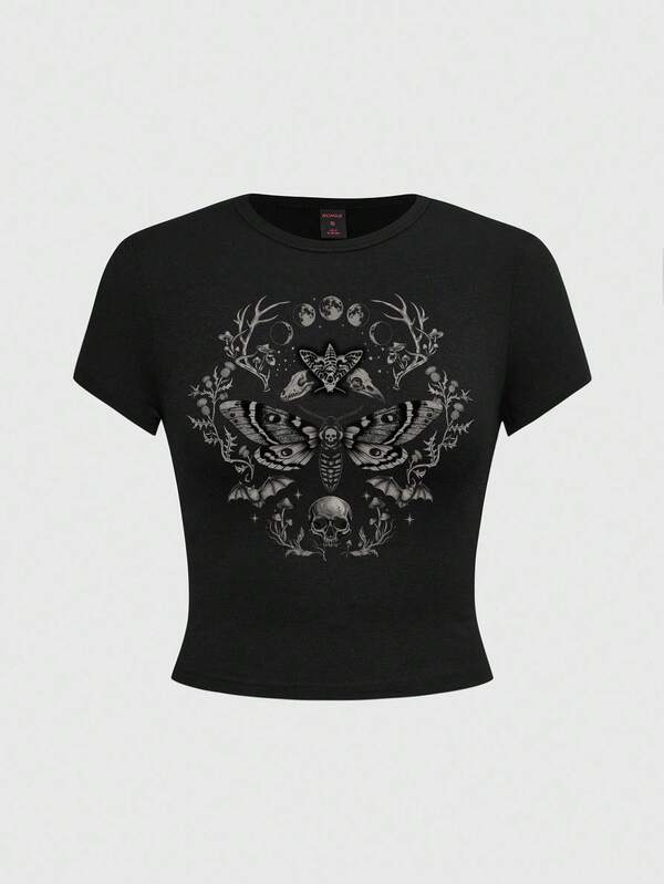 ROMWE Dark Gothic Moon Sun Stars Moth Forest Plant Pattern Print Black Short Sleeve Women's T-Shirt