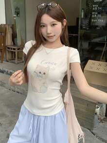 DAZY 女款黃色修身動物印花羅紋休閒百搭T恤 夏季圖案短袖上衣 - 杏色 - 查看 4