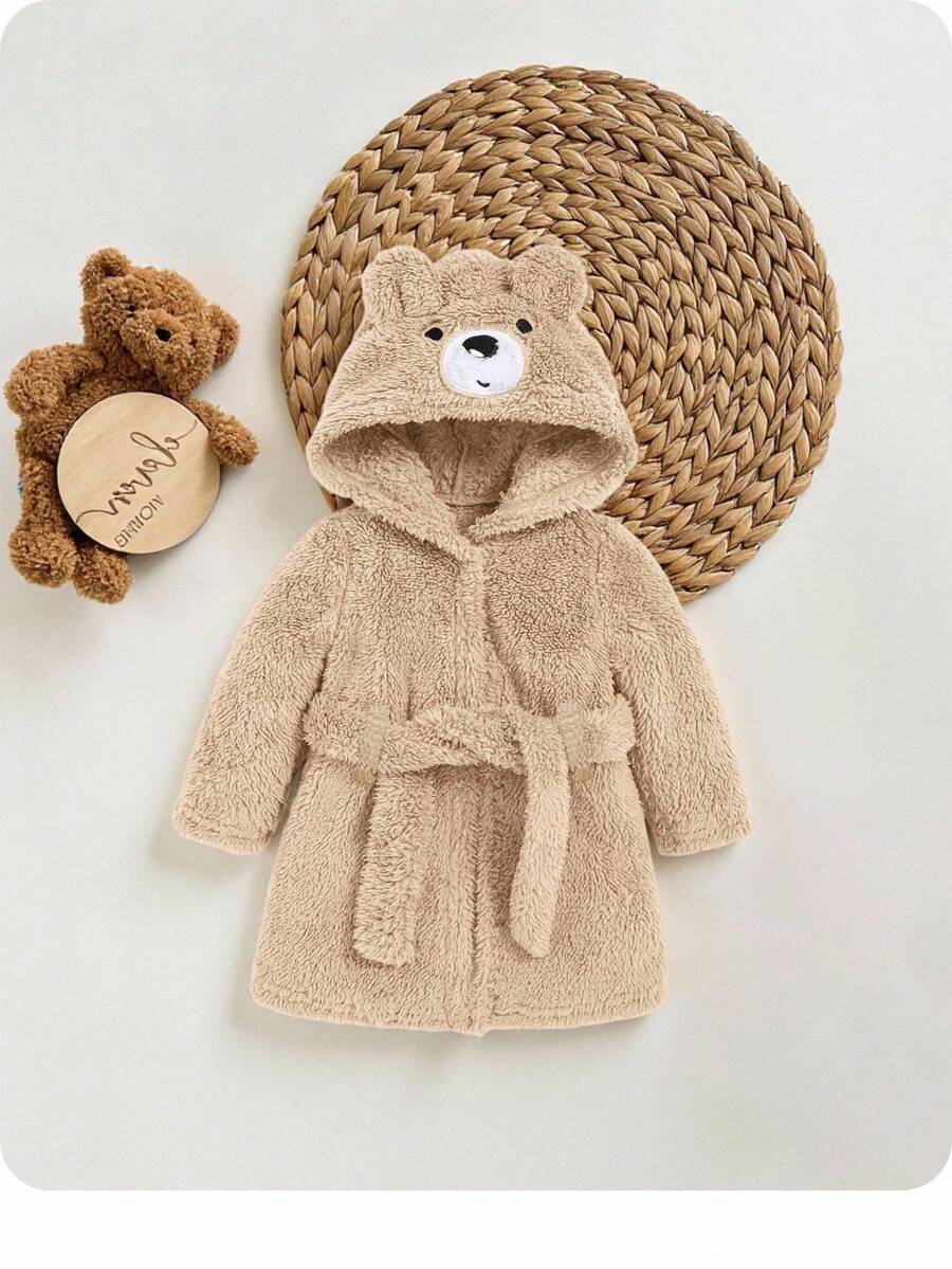 SHEIN 新生男嬰可愛熊刺繡加厚浴袍,附3D耳朵與收腰設計,秋冬中性款 - 杏色 - 查看 1