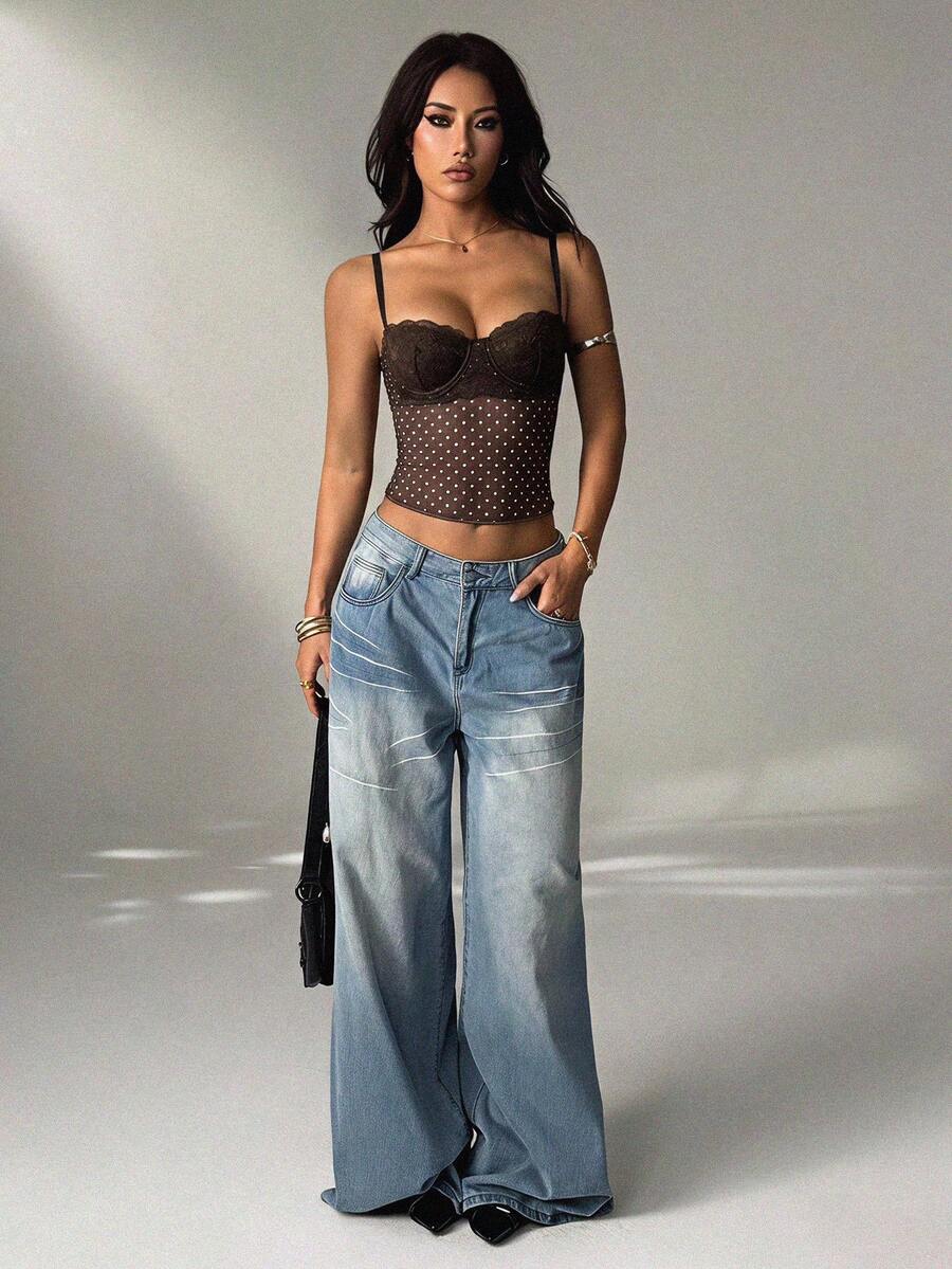 SHEIN PETITE 女款蕾絲飾邊波點性感約會細肩帶背心上衣 - 棕色 - 查看 1