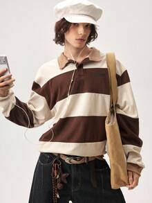 Vaulklash Men's Fashionable Daily Casual Loose Knit Quarter Button Long Sleeve Sweatshirt, Fall, Winter, Couple Things - Coffee Brown - View 4