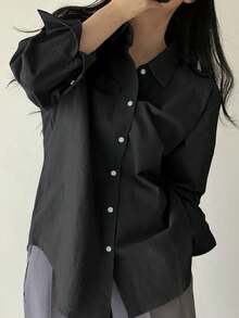 DAZY Solid Drop Shoulder Oversized Shirt,Long Sleeve Tops,Fall Clothes - Black - View 2