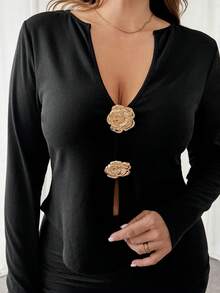 Firerie Plus Size Women's Black Autumn Elegant V-Neck Rose Metal Button Long-Sleeved T-Shirt,Formal Dinner Evening Christmas Party Masquerade Curve Y2K Tops - Black - View 3