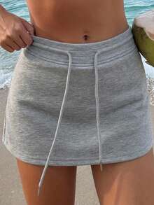 DAZY Women Drawstring Solid Color Simple Casual Skirt, For Daily Wear,Pencil Skirt Y2k - Grey - View 5