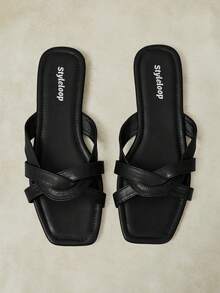 Styleloop Sandalias planas con hebilla para mujer, estilo de verano - Negro - Ver 2