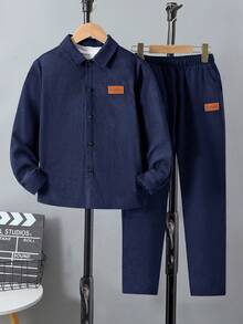 SHEIN Conjunto de 2 piezas para niños con top de unicolor con cuello abierto y pantalones largos de unicolor - Azul Marino - Ver 9