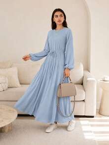 Solavon Einfaches vielseitiges Damenkleid mit Plissee und langen Ärmeln - Blau - Übersicht 3