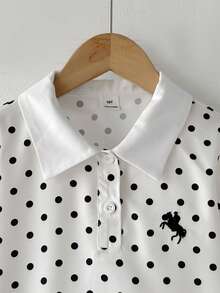 SHEIN Tween女孩對比白POLO領黑白波點Logo印花長袖寬鬆A字洋裝 優雅學院風 - 黑與白 - 查看 7