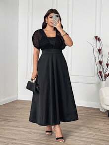 Modelyn Elegant Solid Color Patchwork Knit Jacquard Sleeveless A-Line Regular Fit Plus Size Dress For Spring And Summer - Black - View 6