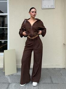 DAZY Women's Fashion Versatile Zipper Long Sleeve Shirt And Pocket Pants 2 Pieces Set Lounge Sets For Women - Brown - View 4
