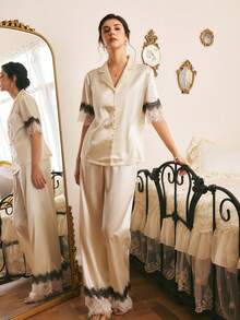 Côtesoire Women's Lace Patchwork Top And Pants Pajama Set - Apricot - View 6