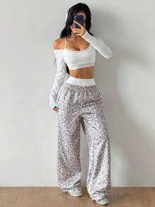 Coolane Women's Sportswear Set Off The Shoulder Tees & Leopard Stretchy Pink Wide Leg Sweatpants - White - View 3