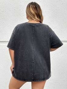 SHEIN CURVE+ 大码女装秋冬夏季开学季校园街头西式复古针织Vintage宽松柔软针织面料骷髅手图案卡通图案短袖T恤 - 深灰色 - 查看 9