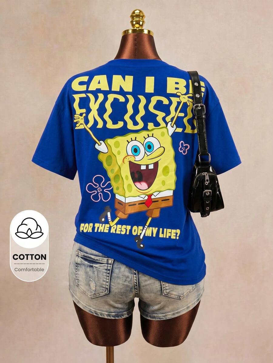 SpongeBob SquarePants | SHEIN 女款夏季休閒字母與卡通印花圓領短袖T恤 - 藍色 - 查看 1