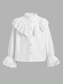 SHEIN 女童開學季荷葉領蕾絲飾邊長袖白色襯衫 - 白色 - 查看 5