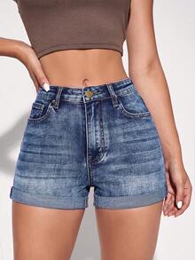 Jeanoix Women's Casual Versatile Denim Shorts With Pockets - Dark Wash - View 1